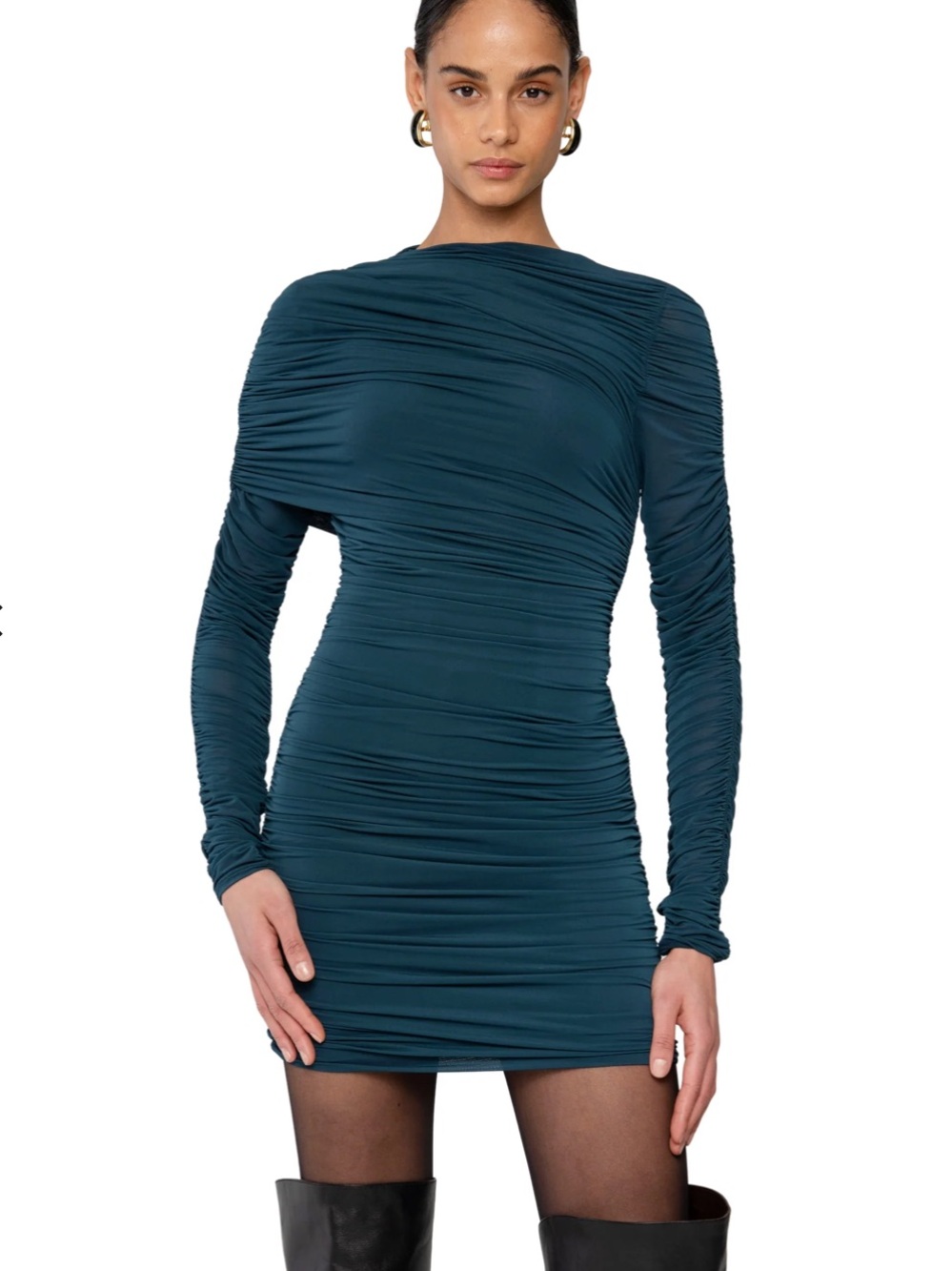 Ronny Kobo Dione Dress L Deep Teal Ruched Asymmetric Bodycon Mini NWT